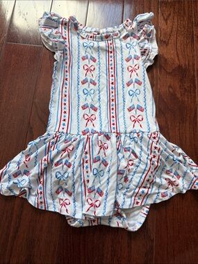 NWOT Bums & Roses Red White & Blue Flag Print Ruffle Dress